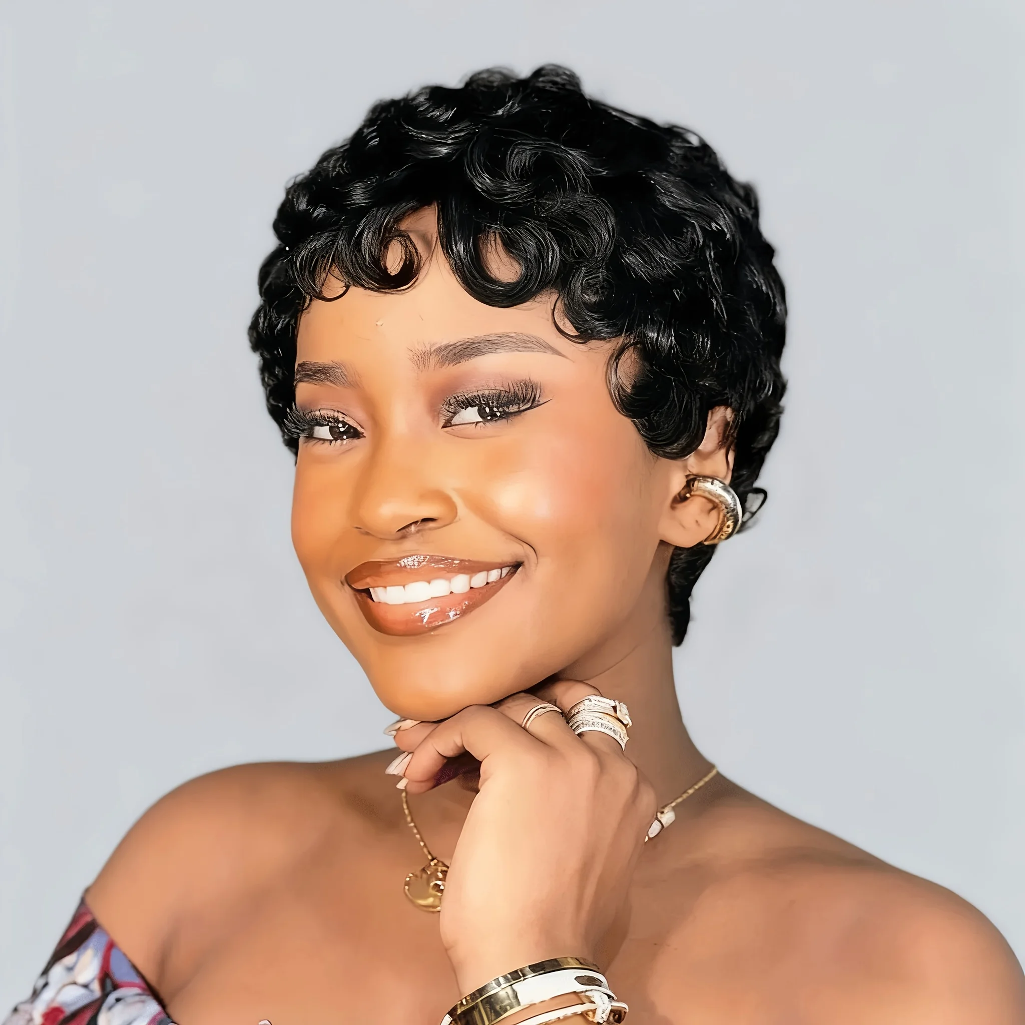 

1B # Короткие многослойные вьющиеся парики Пикси из человеческих волос Шикарный парик из натуральных волос с стрижкой Пикси с челкой Полный машинный натуральный цвет для женщин