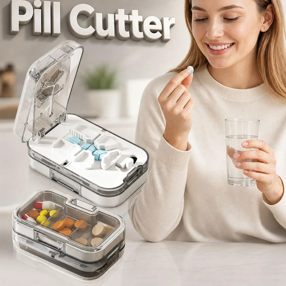 Pill Cutter with 4 Compartment Medicine Organizer Transparent Case Portable for Daily and Travel Use for Half/ Third/ Quarter