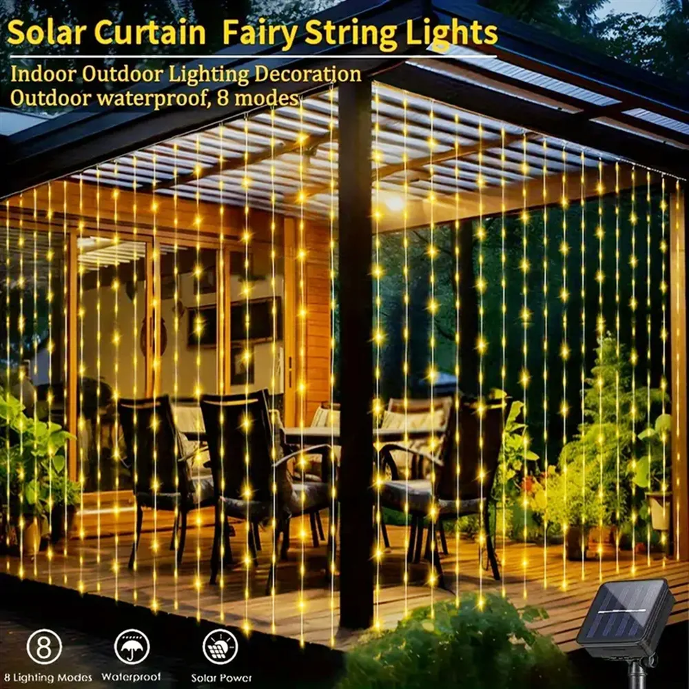 LED Solar Curtain Light Outdoor Waterproof Solar Fairy Garland String Light Pavilion Garden Party Holiday Christmas Decor Lights