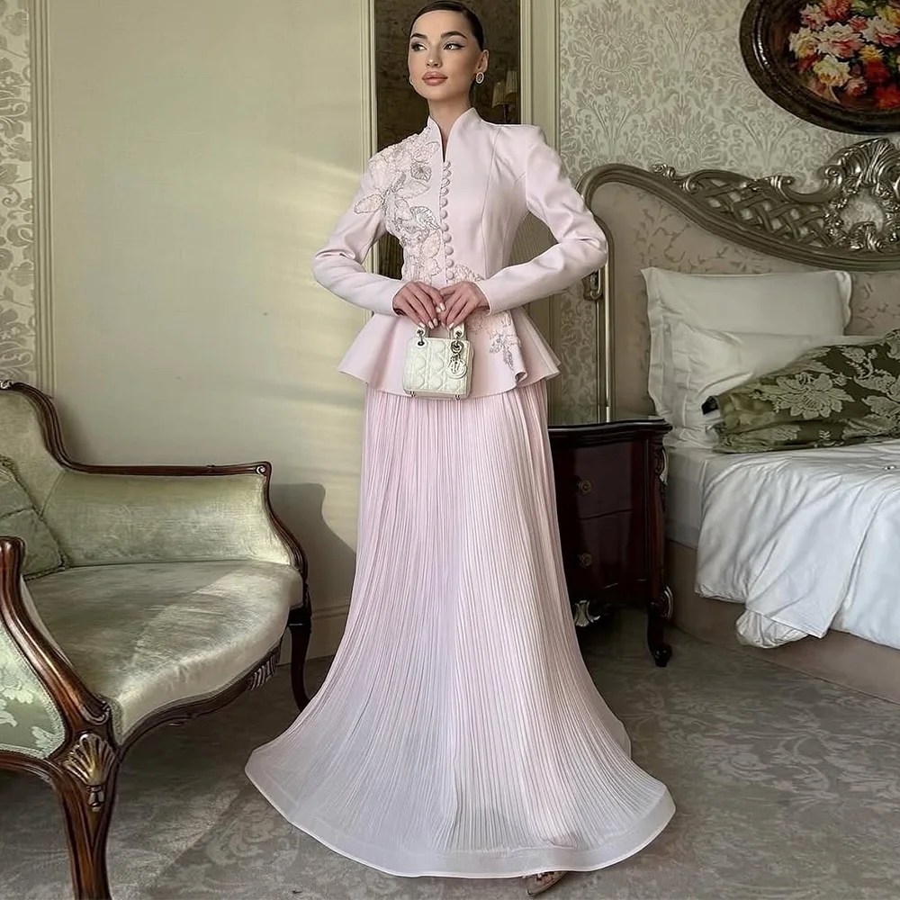 

Pink Chiffon Evening Dress Customized O-Neck Long Sleeves Vestido De Noche Delicate Handmade Flower Sequined Celebrity Gowns