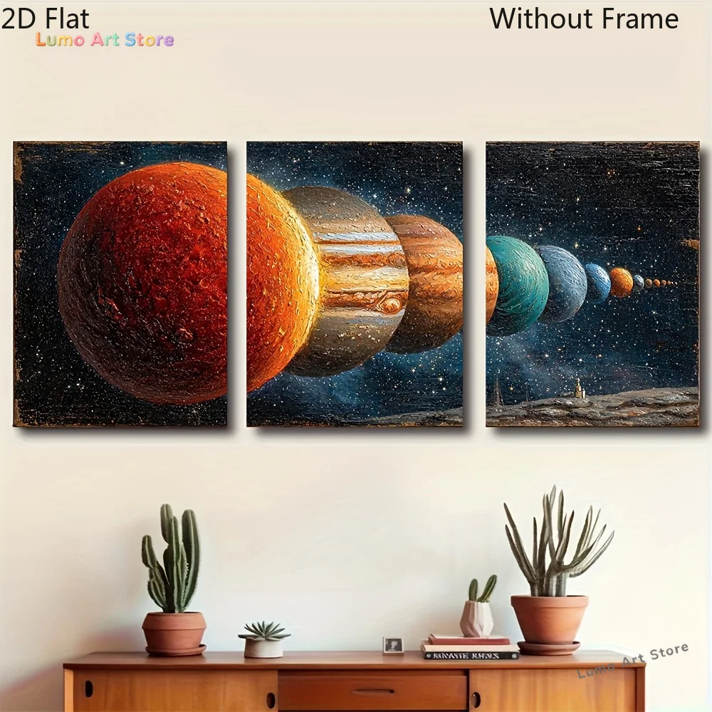 2D Flat, 3-Panel Modern System Wall Art - Vertical Planetary Chart Suitable for Living Room, Bedroom & Home Office Decor, Unf