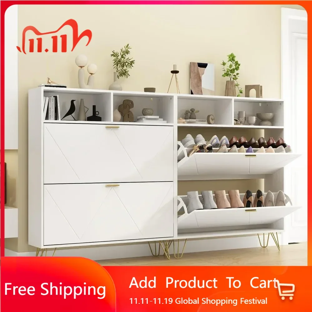 

Large Shoe Storage Cabinet Set of 2 with Open Shelf Shoes Cabinet for Entryway Slim Freestanding Tipping Bucket Shoe Cabinet