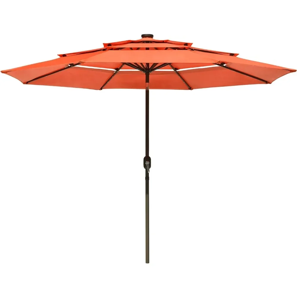 10ft 3 Tier UV70+ Solar Powered Patio Umbrella with LED Crank Tilt Backyard Garden Deck Table Sunshade