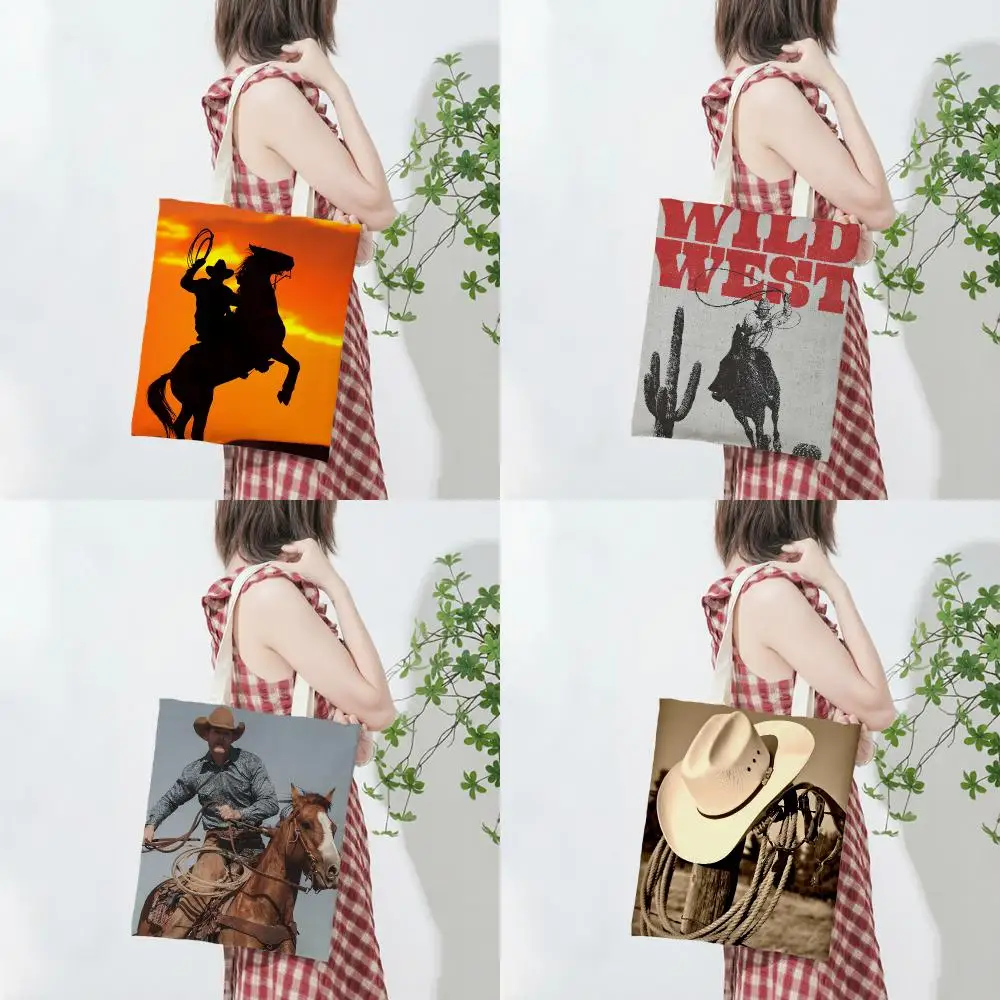 western culture C-cowboy Storage Bags Lightweight Printed Canvas Bag Portable Daily Shopping Shoulder Bag