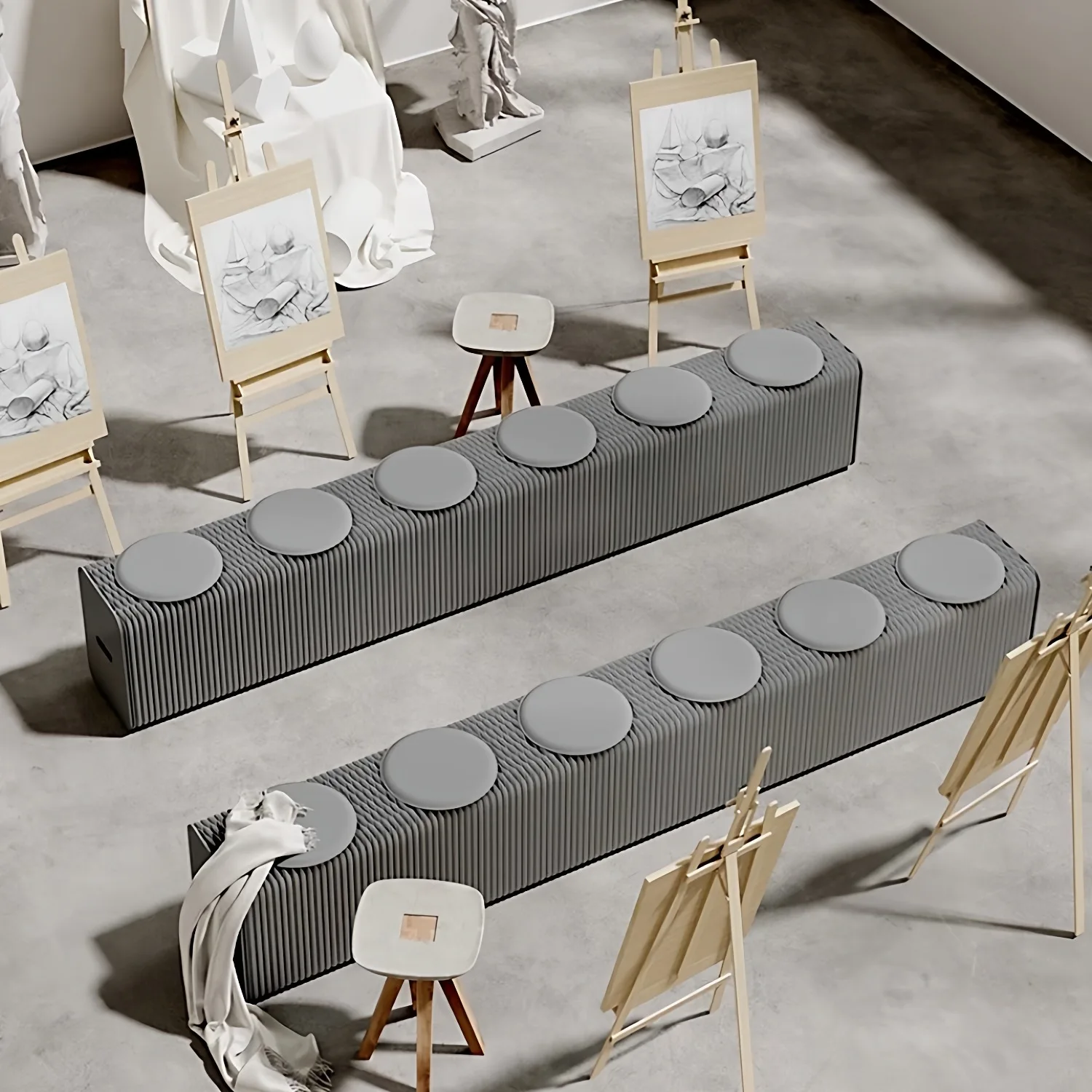 Grey Paper Stool Bench 369 Person Stool Business Space Exhibition Hall Decoration Activity Layout Scene