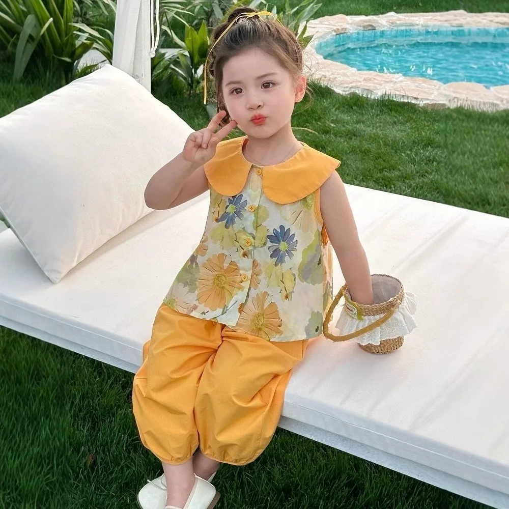 

Wide Leg Pants Girls Floral Suit T-Shirt Two Piece Set Floral Print Short Sleeve Comfortable Flip Collar Top+Pants Suit