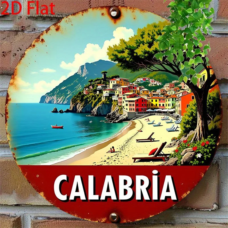 2D Flat, 1pc Vintage Italian Calabria Coastal Town Wall Art Sign - 8-Inch Round Retro Mediterranean Sea Map Decor