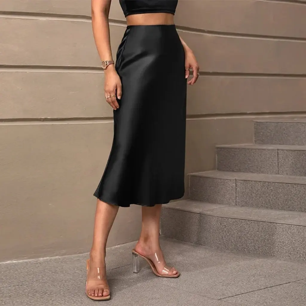 

Elegant Satin Skirt European American Style Mid-Length A-Line Skirt Polyester Spring Summer
