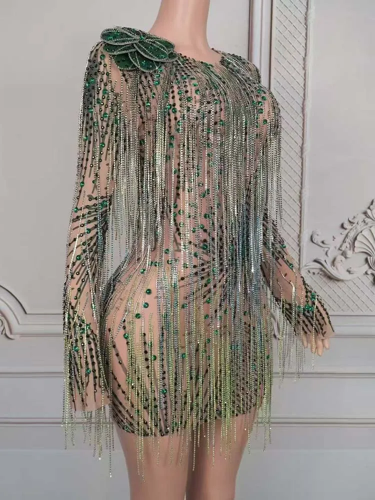 جودة عالية حجر الراين شرابة مثير عارية الظهر فستان بأكمام طويلة 2025 موضة جديدة مخصصة الملابس النسائية #2