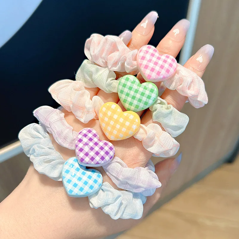 5pcs Japanese style sweet gingham heart small intestine hair ring cute hairband rubber band hair rope