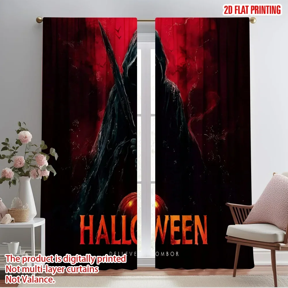 2pcs,2D plane printing Pattern Curtains Spooky Skeleton & Pumpkin Versatile Fabric (without rod) Art Deco Festive Ldeal for