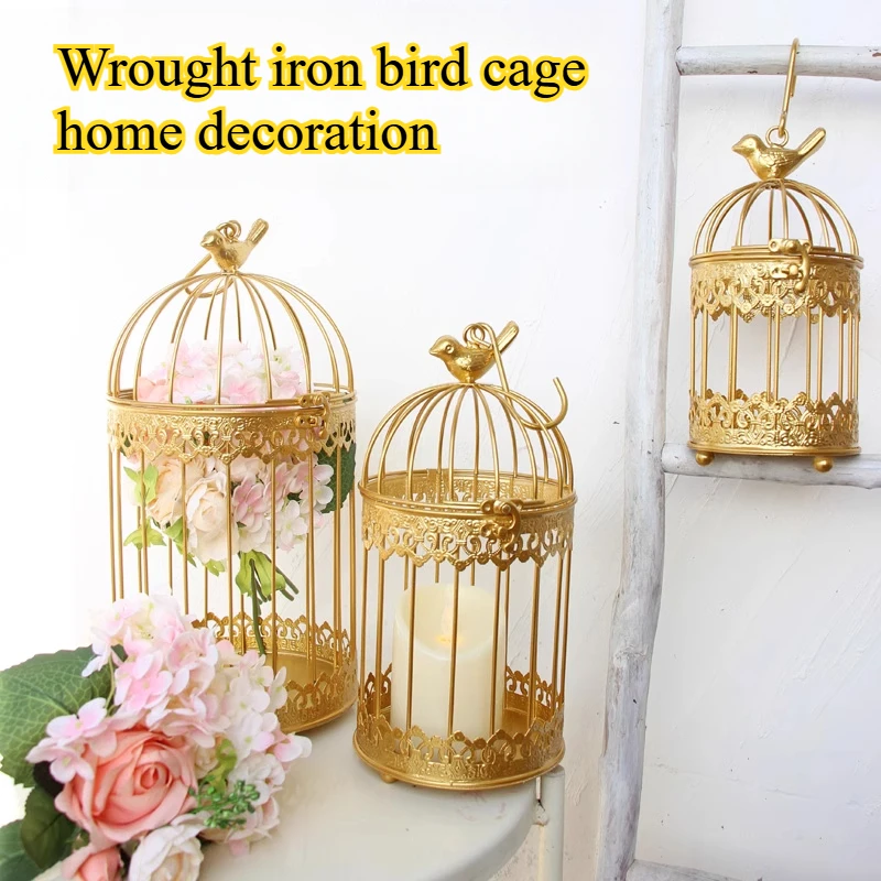 Iron Art Golden Bird Cage Home Decoration Crafts Flower Rack Hanging Display Green Plant Accessories Balcony Garden Decoration