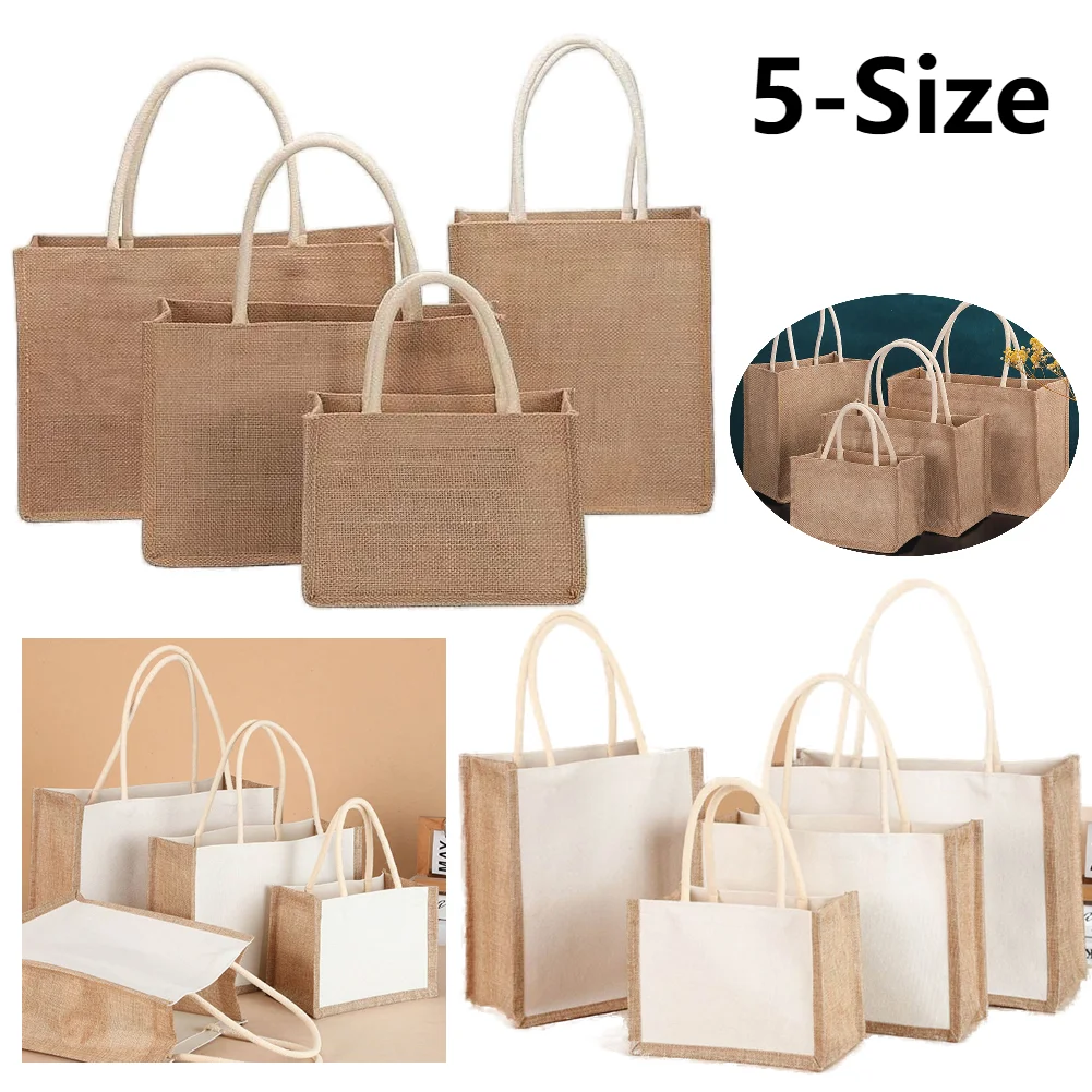 Women Shopping Bag Jute Handbag Portable Canvas Grocery Tote Handbag Ladies Outdoor Handbag Reusable Gift Bags Totebag