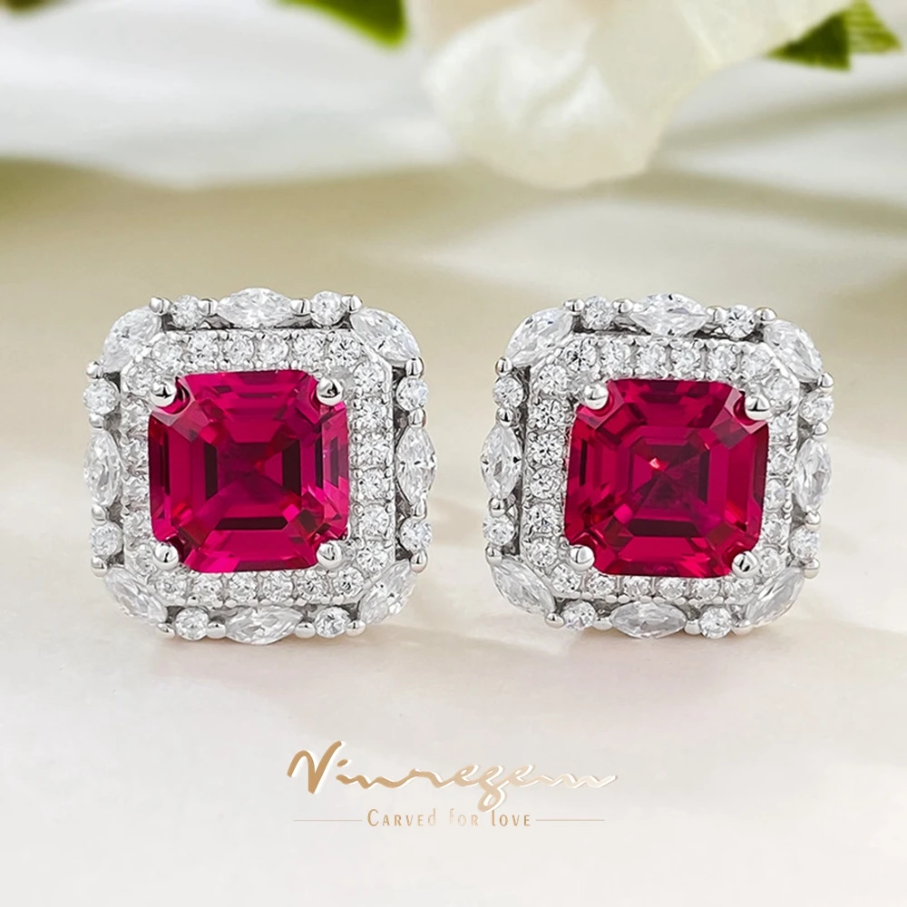 

Vinregem 7*7 MM Asscher Cut Ruby High Carbon Diamond Gemstone Vintage Ear Studs Earrings for Women 925 Sterling Silver Jewelry