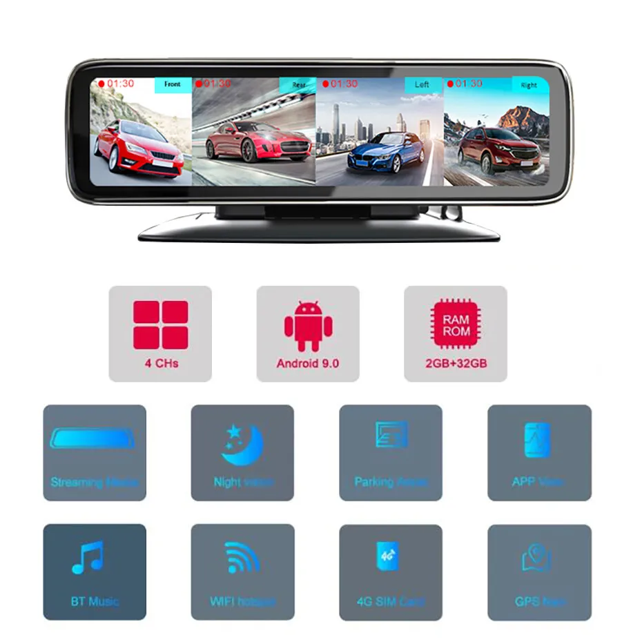 4 Ch 12 “ Touch Screen Car DVR Camera Android 9.0 Dash Cam Auto Video Recorder 360 Panoramic Camera  Rear View Mirror WiFi Navi