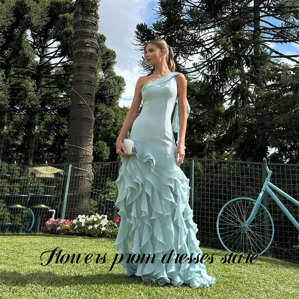 Flowers Sky Blue Party Dress Layered Ruffled فساتين السهرة One Shoulder Night Dresses Simple Formal Dress Customized