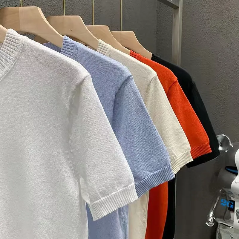 Solid Color Knitted Sweater Short Sleeved Spring Summer Thin T-shirt Men\'s Trendy Handsome With a Matching Base Shirt Tops