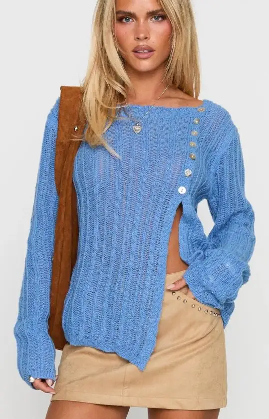 Women s Knit Sweaters Long Sleeve Boat Neck Split Hem Pullovers Tops