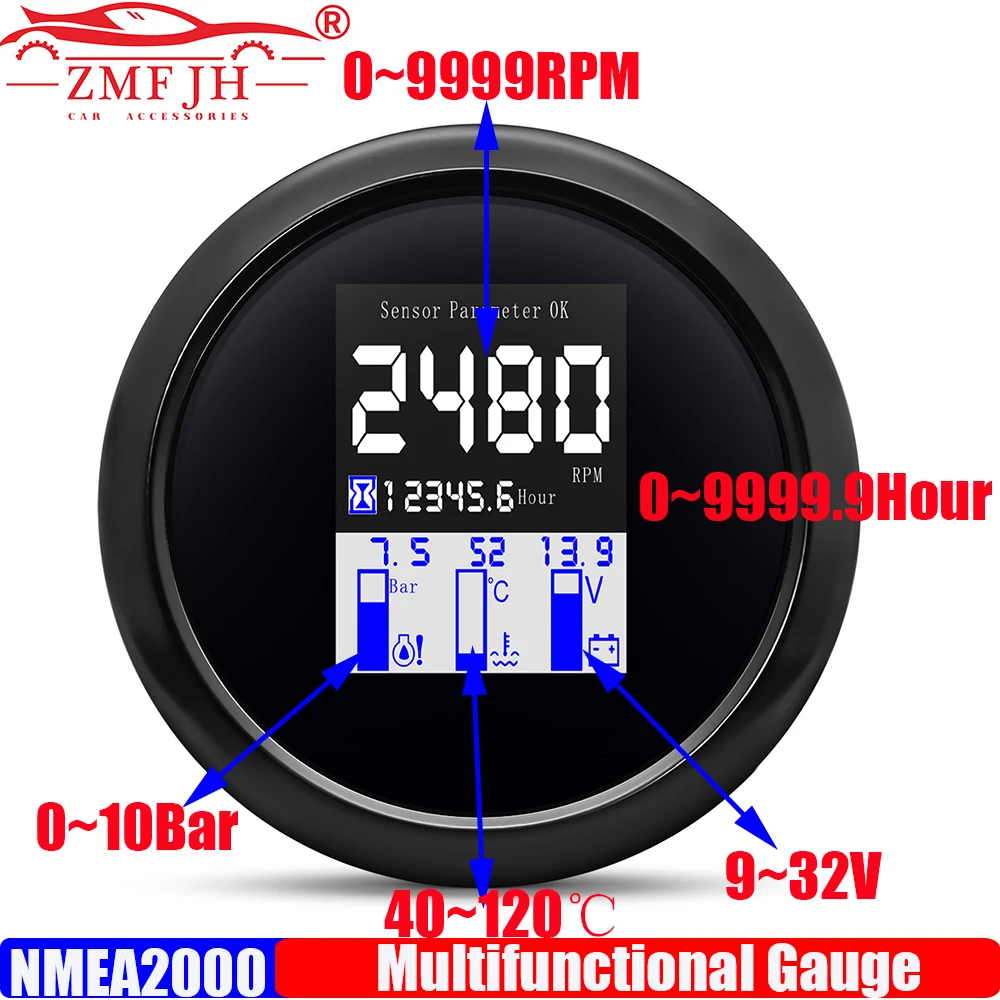 

ZMFJH Мультиметр NMEA2000 85 мм Манометр Лодка Яхта Цифровой Тахометр 9999 об/мин + Давление масла + Температура воды + Часометр напряжения с сигнализацией