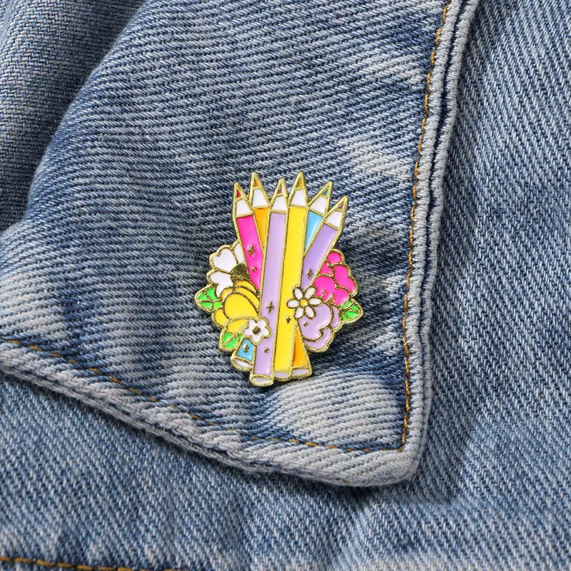 Cartoon Flowers Colored Pencil Enamel Brooch Art Drawing Daisies Tulip Pencil Crayon Metal Badge Clothing Bag Lapel Pin Jewelry