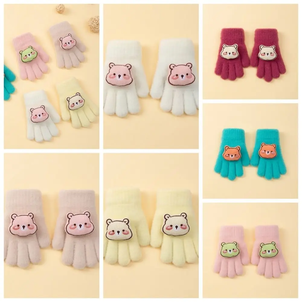 

Sweet Bear Baby Fluffy Gloves Korean Style Solid Color Cartoon Pattern Gloves Plush Doll Full Finger Knitted Mittens Boy