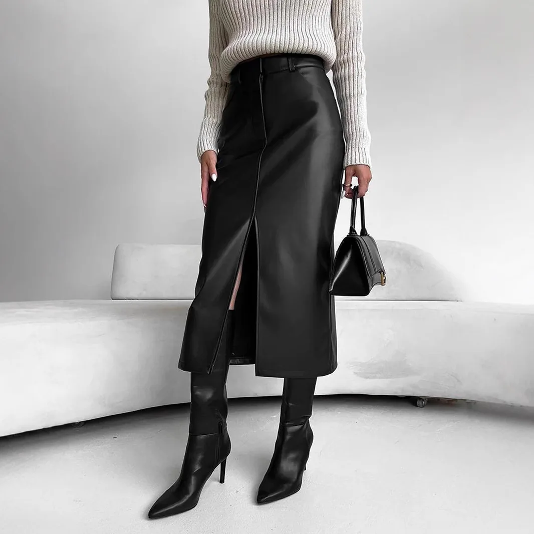 2026 Women Leather Skirts Solid Skirt Side Slit Ankle Length Empire Waist Non Stretch Slim Spring Casual Work Y2k Autumn Winter