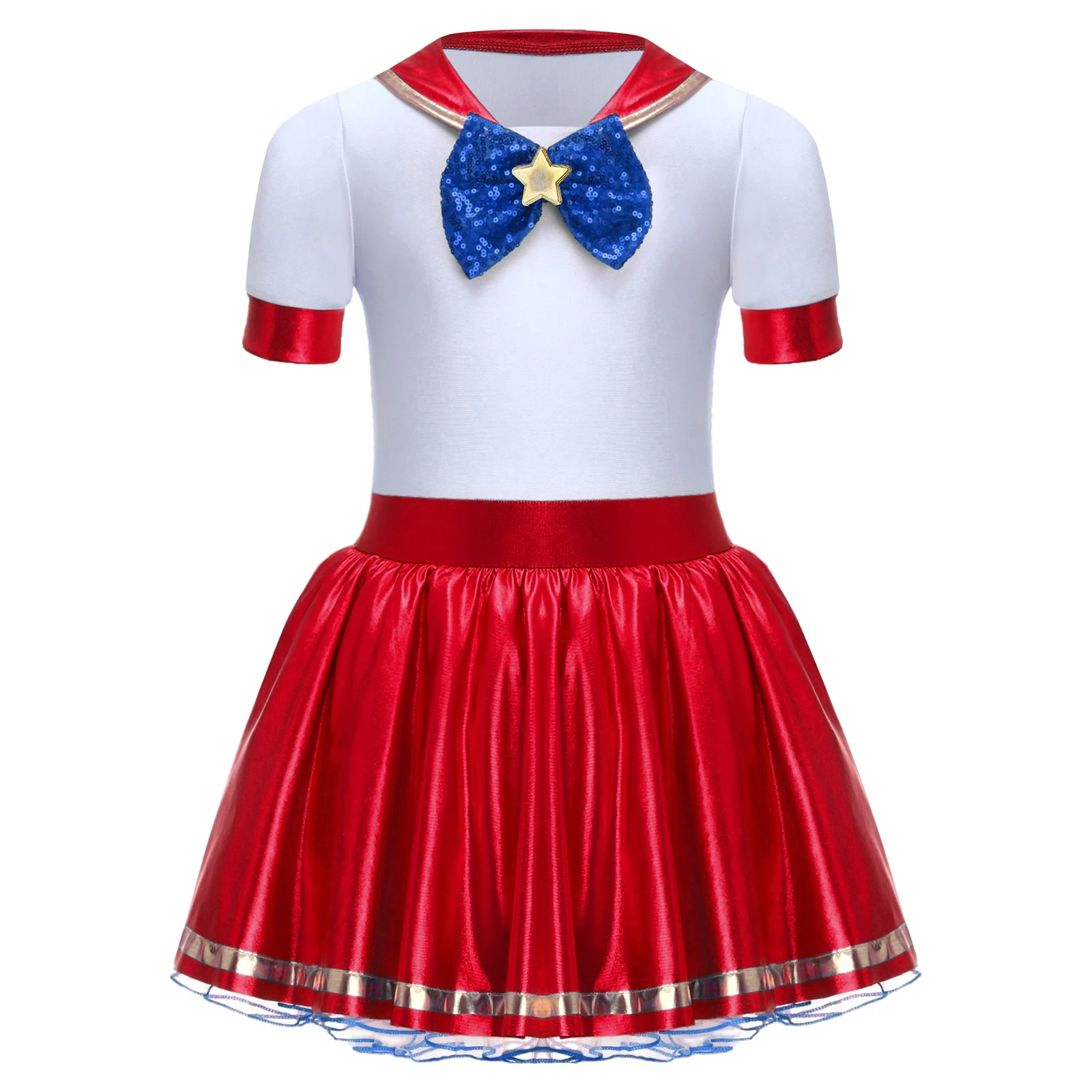 Kids Girls Anime Sailor Costume Halloween Party Cosplay Japanese School Girl Dress Metallic Glossy Short Sleeve Bow Ruffled Tutu