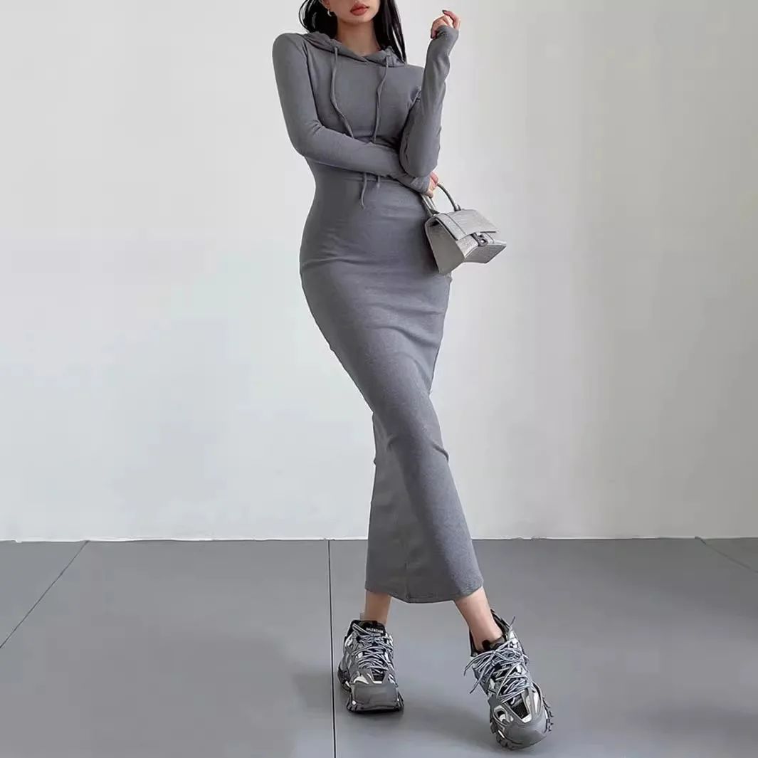 Autumn and winter female ins sexy hot girl casual hip-hugging knee-length dress female hooded long-sleeved bottoming long skirt