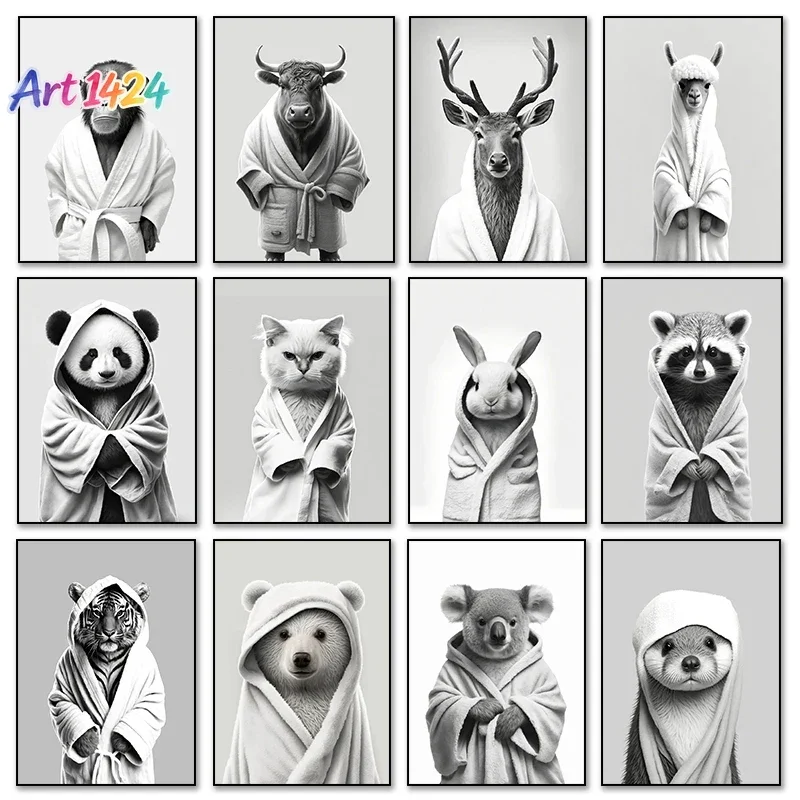 Funny Panda Monkey Tiger Wearing Bathrobe Cold Winter Animal Poster Canvas Painting Prints Art Mural Bathroom Toilet Home Decor