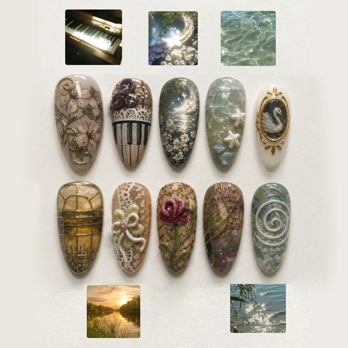 24 faux ongles à presser, motif peinture à l'huile, piano, floral, cygne, ondulations aquatiques, courts, forme amande, pour femmes, usage quotidien et soirées