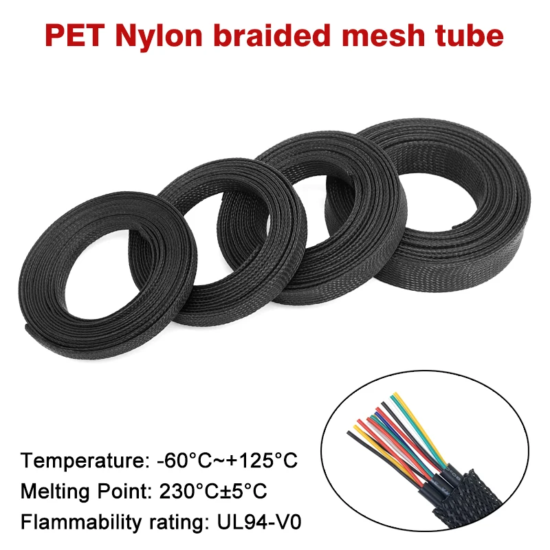 5/10M Black Insulated Braided Cable Sleeving PET Nylon Wrapping Casing wire Sleeved 2/3/4/6/8/10/12/15/20mm/25mm/30mm