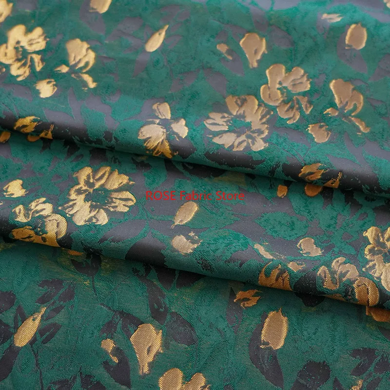 

1 meter Retro Green Gold Silk Yarn Dyed Jacquard Fabric Women's Soft Flower Dress Coat Making Decorative Fabric
