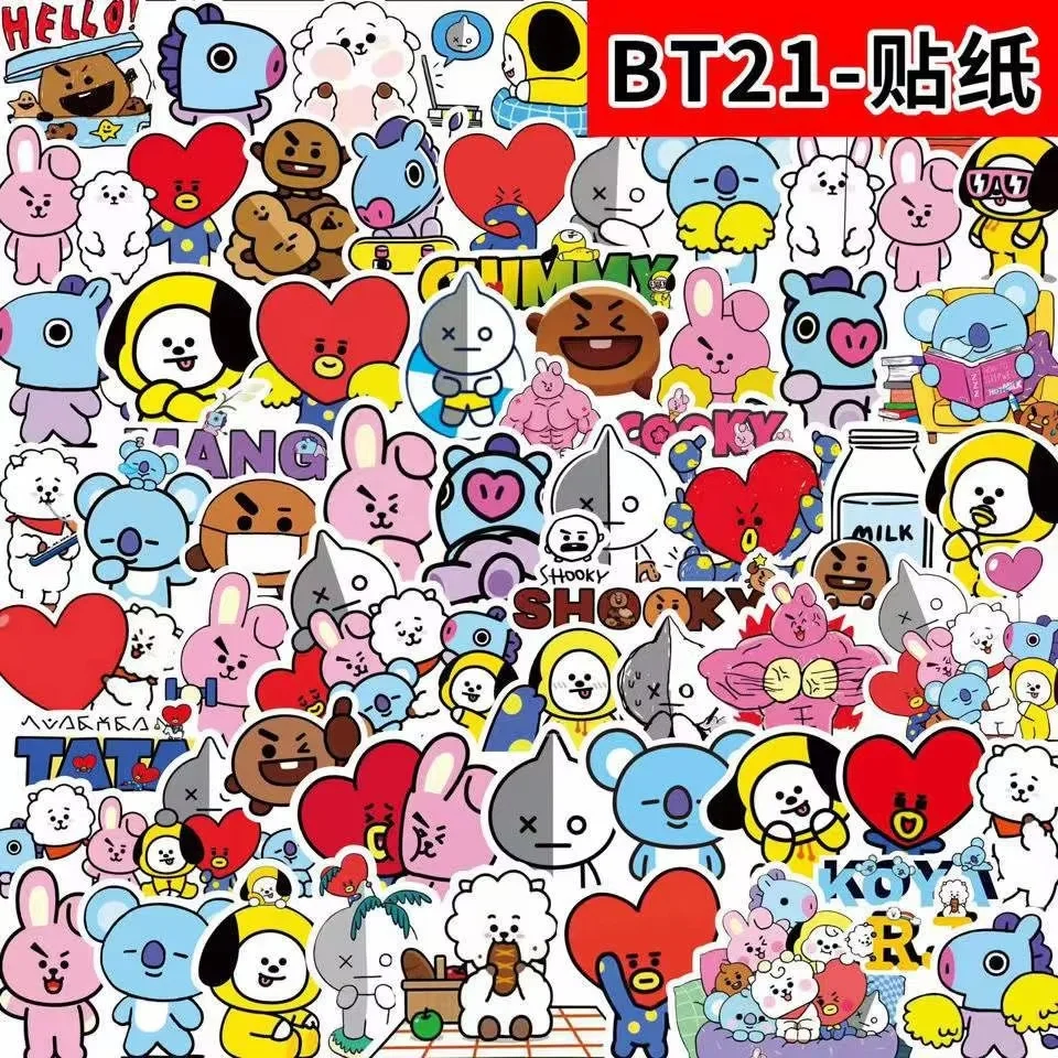 

50 шт. милых наклеек BT21 для чемоданов, ноутбуков, автомобилей, мобильных телефонов, холодильников, водонепроницаемые наклейки, Кукки, Коя, Тата, аниме, подарок, игрушка