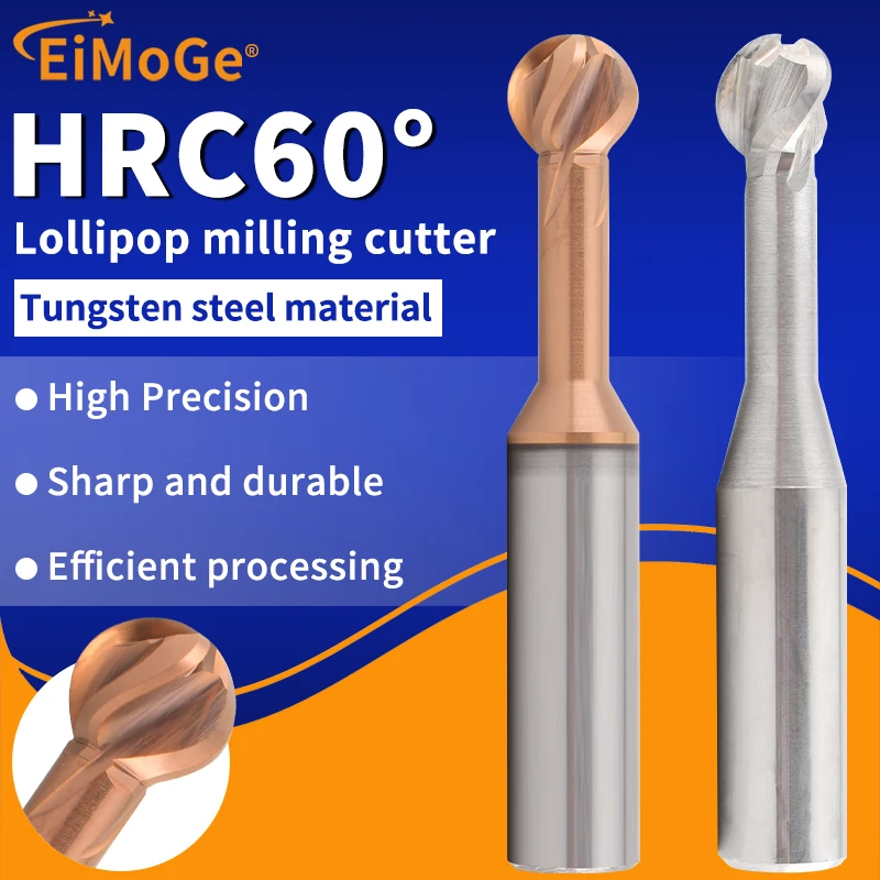 EIMOGE HRC60 Solid Carbide T-Type Lollipop End Mill - CNC 3D Curved Surface Milling Cutter  (R0.5-R10)