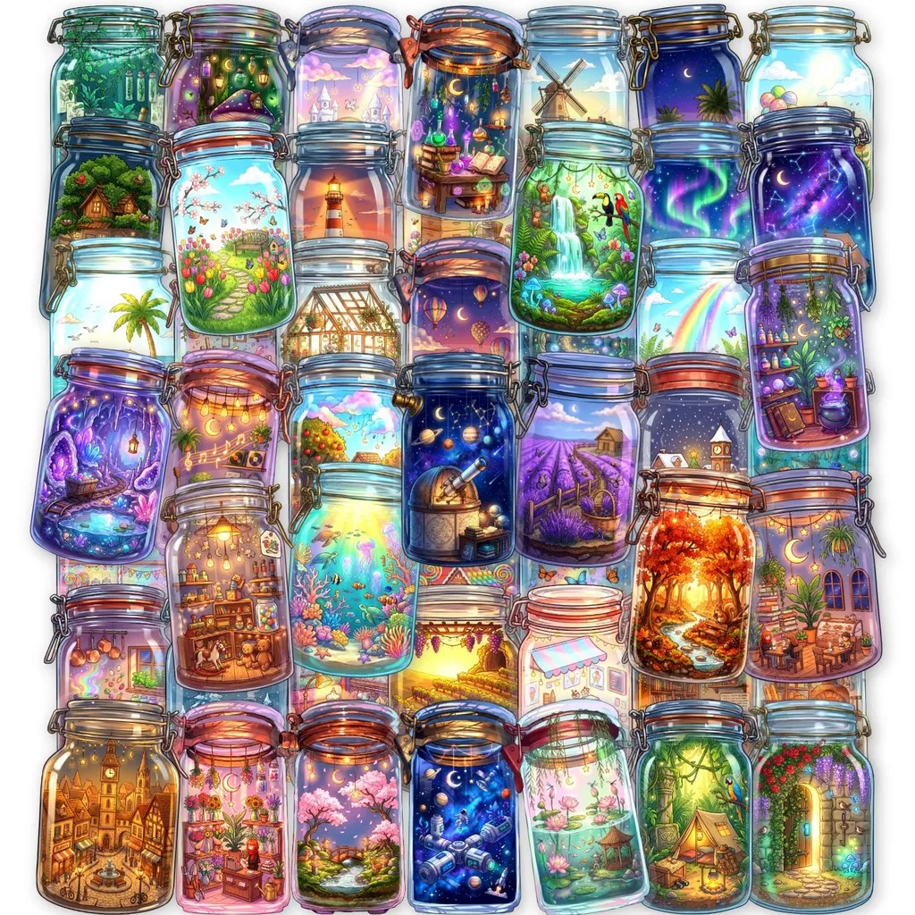 50Pcs Dreamy Fairy Tale Glass Bottle PET Stickers Mini Scenery Pattern Decals for Journaling DIY Craft Giajar Sticker Store