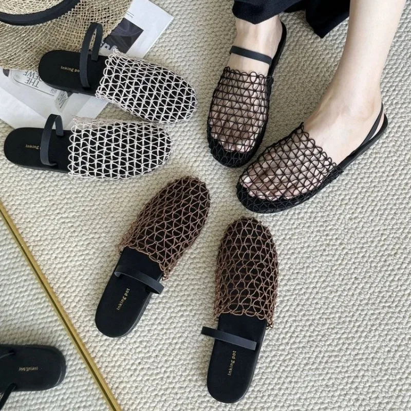 2025 Mesh Slippers Women Falts Summer Luxury Sandals Designer Rome Walking Leisure Round Toe Slingback Outdoor Dress Beach Shoes