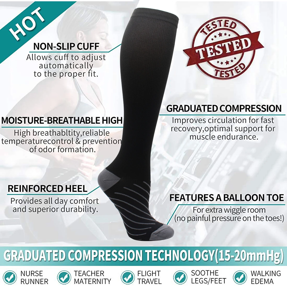 6 Pairs Women and Men Copper Black Compression Socks Anti-Fatigue Pain Relief Graduated Compression 15-20mmHg Sport Socks