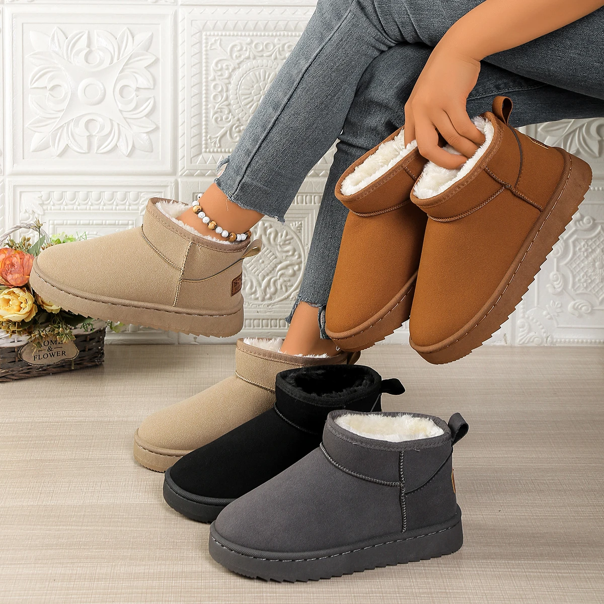 

Thick Plush Platform Snow Boots Women Winter Warm Fur Cotton Shoes Woman Faux Suede Slip-On Ankle Botas Padded Shoes