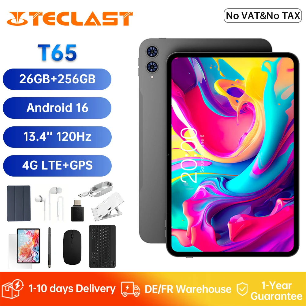 Tablet T65 de 13.4 Pulgadas, Android 16, Pantalla de 1920×1200 a 120Hz, T7280 de 8 Núcleos, 18GB de RAM (6GB+12GB), 256GB de ROM, 4G LTE, GPS, 8000mAh, Tipo-C, Teclast