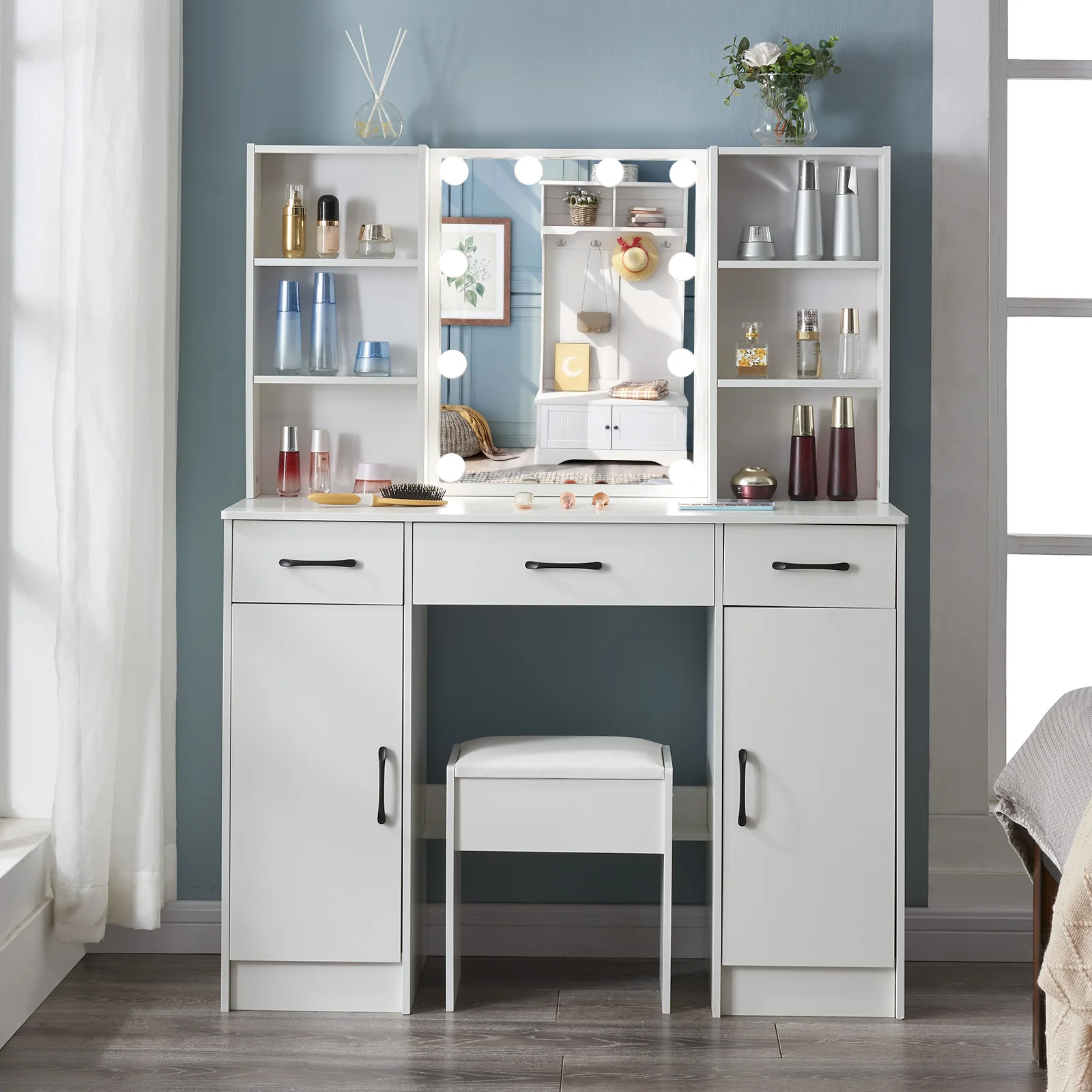 مكتب مكياج فانيتي مع مرآة هوليوود، طاولة تزيين بـ 10 لمبات LED مع مقعد #2