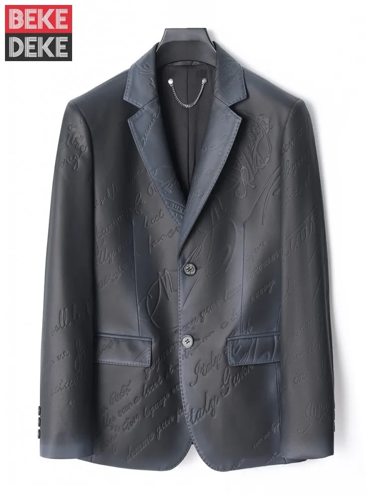 

Office Men Genuine Leather Business Casual Blazers Slim Fit Letter Embossing Fashion New Spring Men Real Sheepskin Suit Jacket