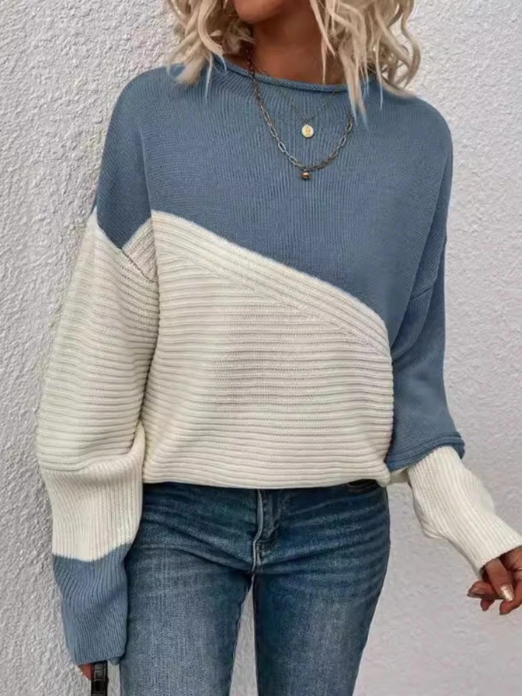 Sweat à capuche tricoté chaud et col rond pour femme, élégant, couleur bloquée, manches longues, pull épais, nouvelle mode hiver 2025