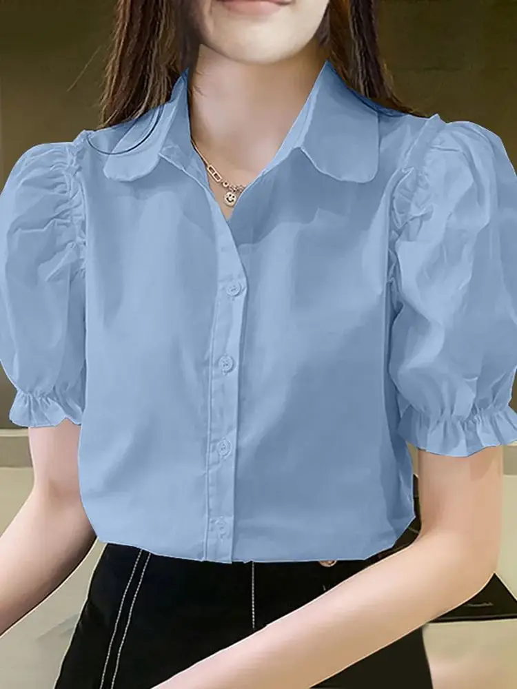 VONDA Tunic Fashion Tops Women Summer Shirts 2024 Casual Solid Color Blouses Short Puff Sleeve Lapel Loose Elegant Blusas Femme