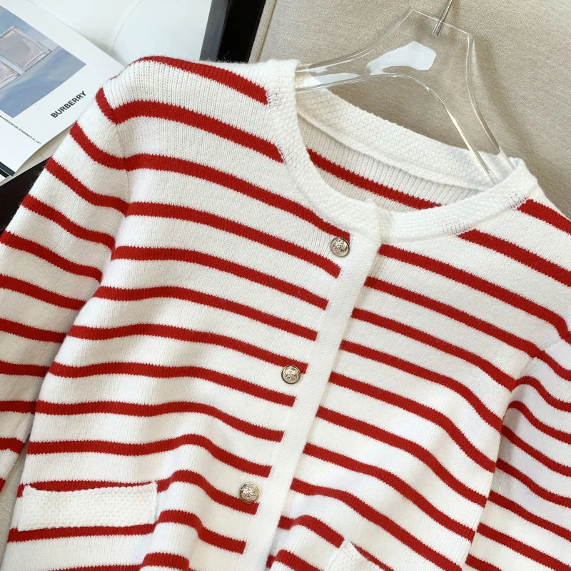 Autumn Winter 2022 Red White Contrast Striped Short Cardigan Female Soft Sweet Knitted Tops Single Breasted Sweaters