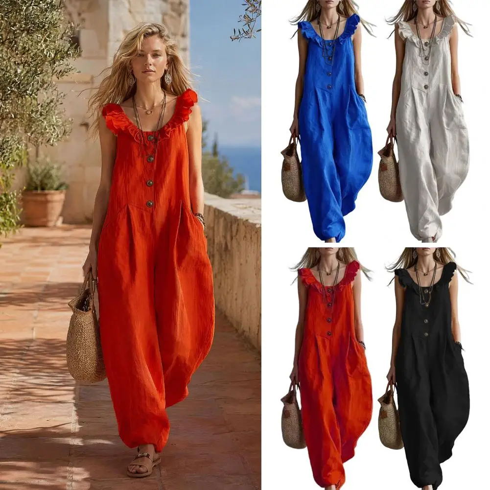 Women Retro Casual Solid Sleeveless Jumpsuit Office Wide Leg Ruffle Hem Loose Overalls Summer Square Neck Pocket Button Playsuit