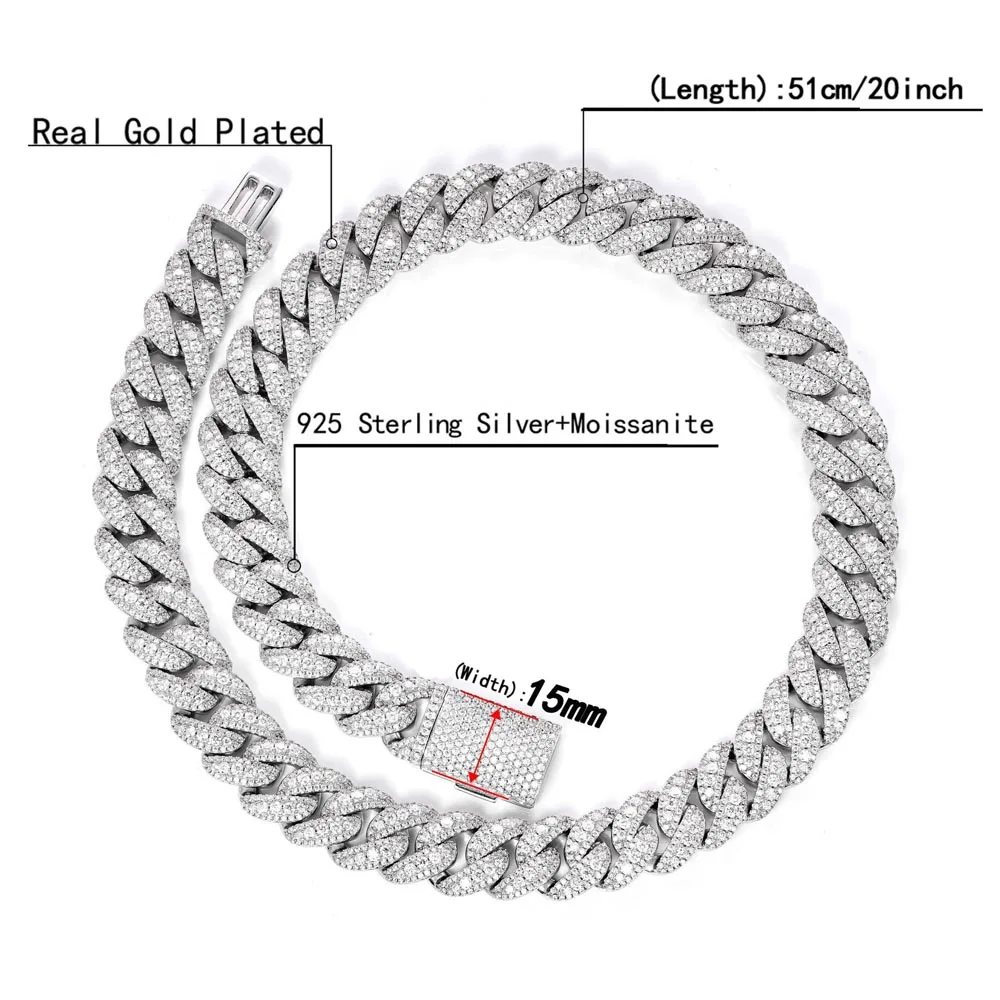 15MM VVS1 Moissanite Cuban Chain Necklace 925 Silver For Men Hip Hop Jewelry Iced Out Baguette Link Fine Jewelry Gifts for Men