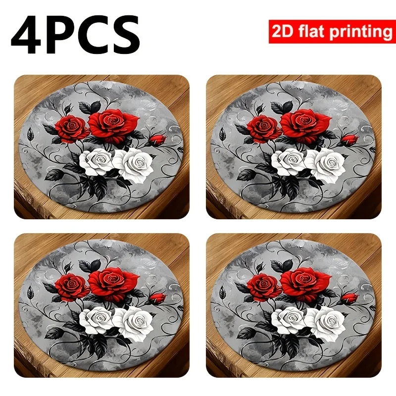 Round Placemats Set of 4 Red White Rose Vintage Linen Mats Non-Slip Heat Resistant for Dining Party Table Decor