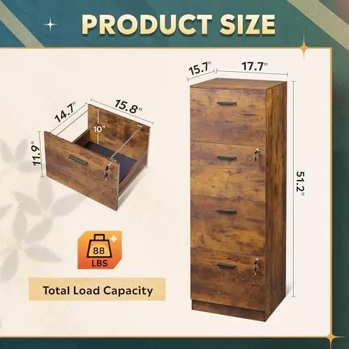 4 Drawer File Cabinet with Lock, Vertical Filing Cabinet for A4/Letter Size Files, Wood Storage Organizer for Home
