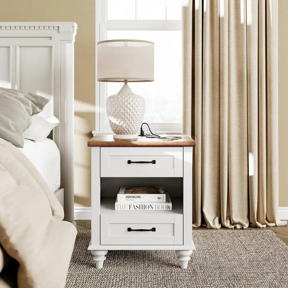 منضدة مع منفذ شحن، درج تخزين وأرجل خشبية، طراز ريفي