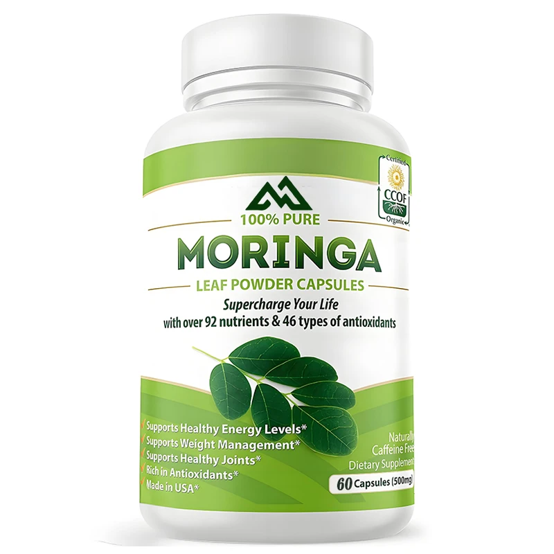 Moringa vegetarian capsules 500mg contain organic natural Moringa leaf powder for metabolism and immune support -60 capsules